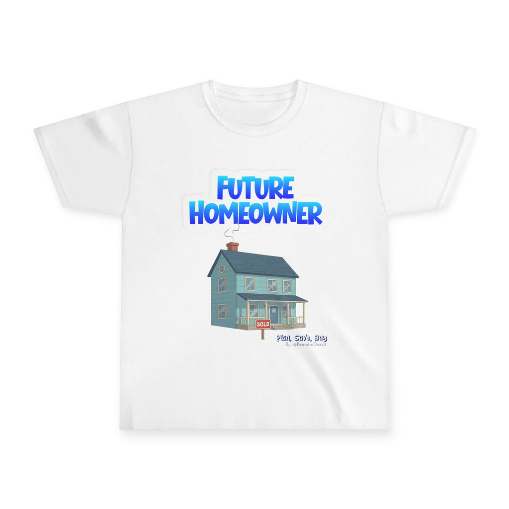 White t-shirt with 'Future Homeowner' text and house graphic on a white background