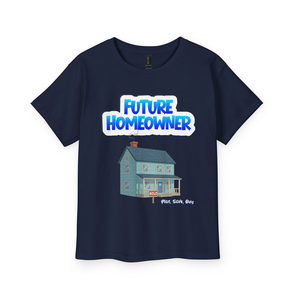 Navy blue t-shirt with 'Future Homeowner' text and house graphic on a white background