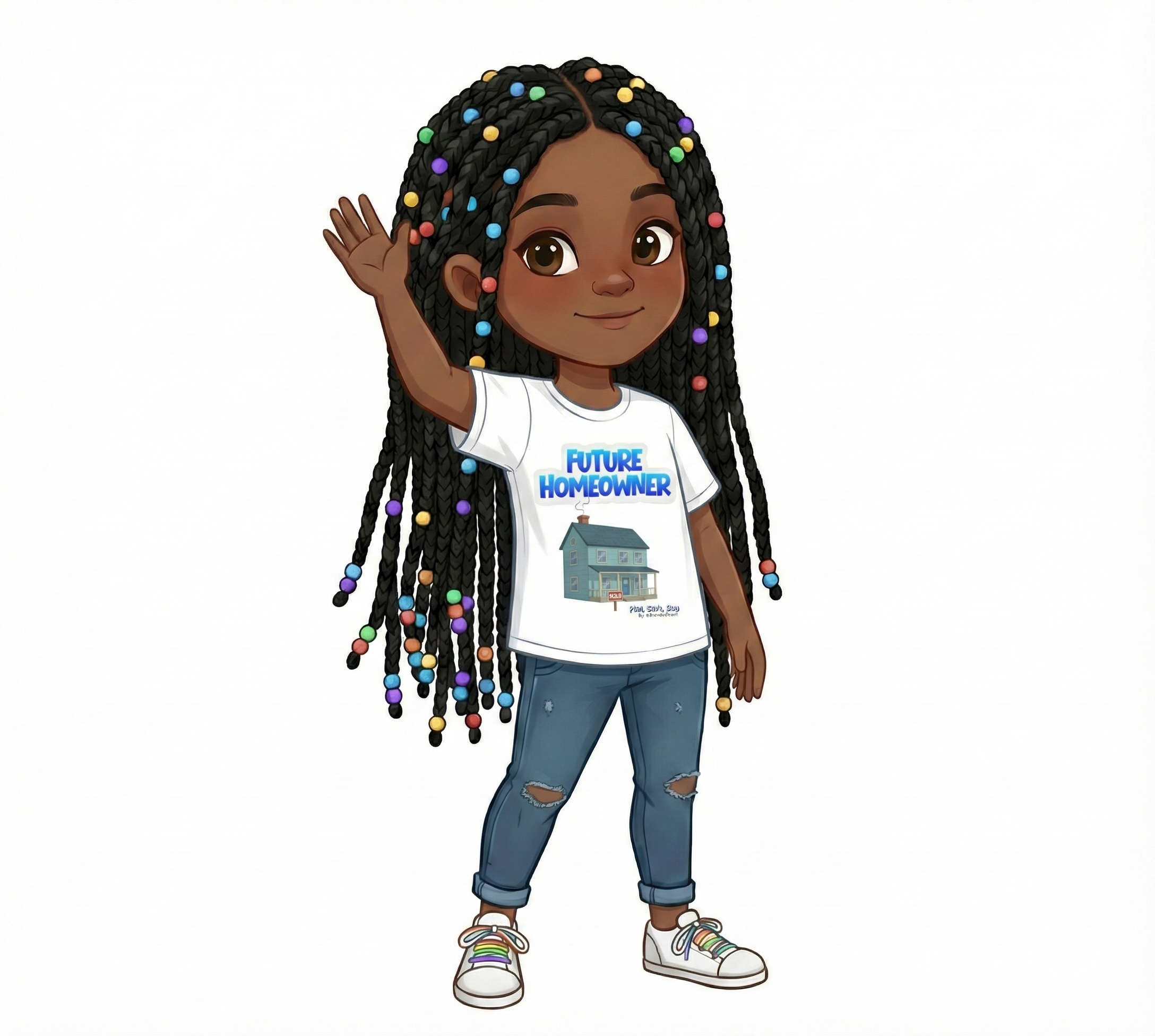 Illustration of a young girl with colorful braids wearing a 'Future Homeowner' t-shirt on a white background