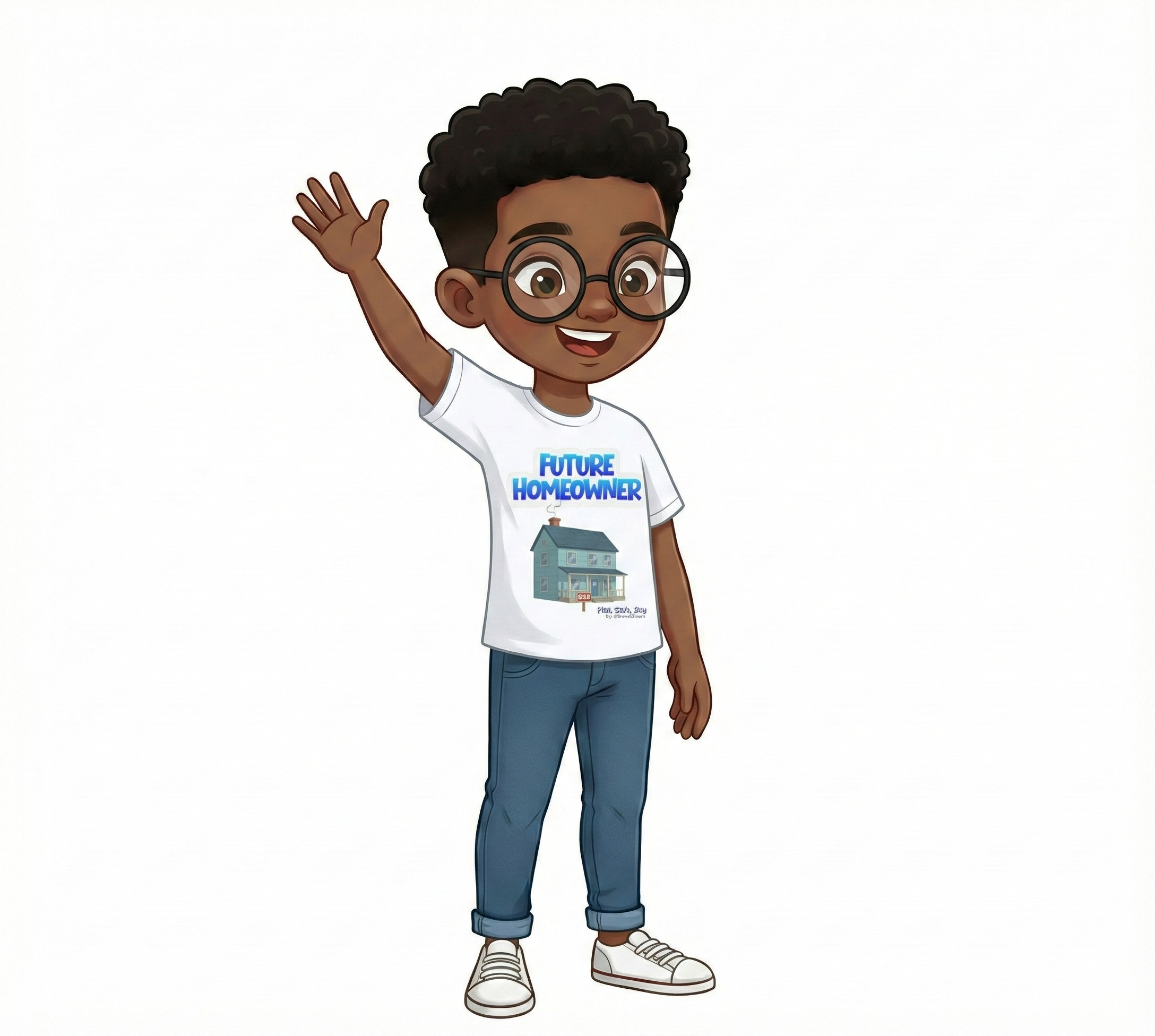 Cartoon boy wearing a 'Future Homeowner' t-shirt on a white background