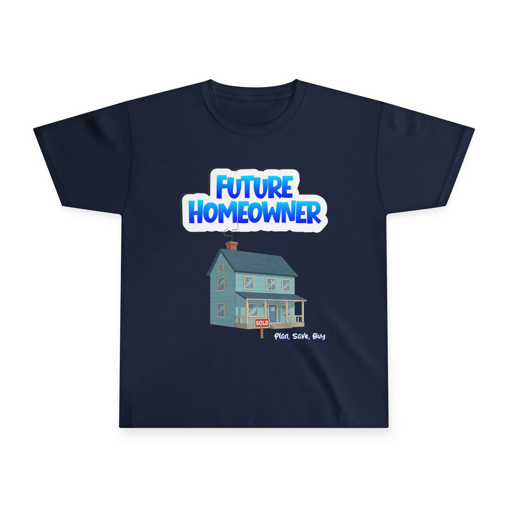 Navy blue t-shirt with 'Future Homeowner' graphic and house illustration on a white background
