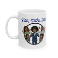 White mug with cartoon family design and text 'Plan, Save, Buy' on a white background