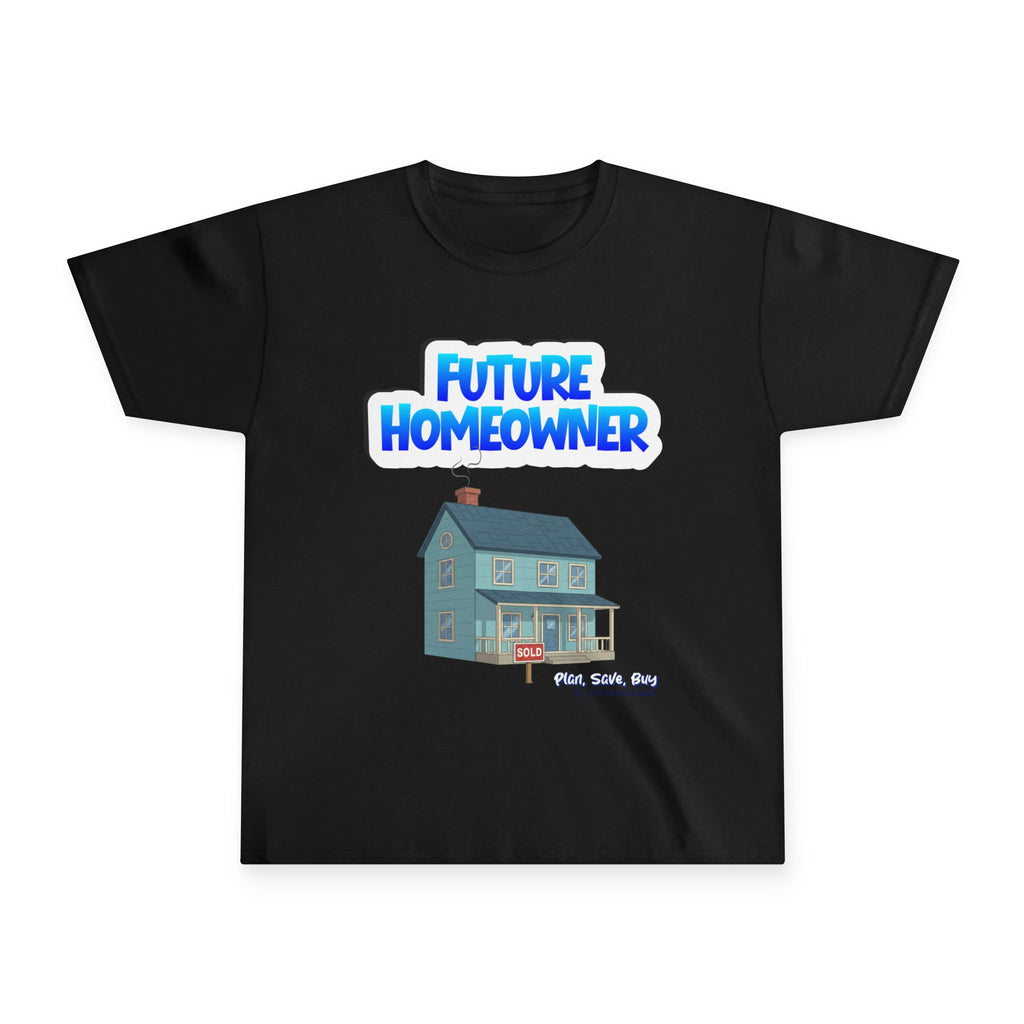 Black t-shirt with 'Future Homeowner' graphic and house illustration on a white background