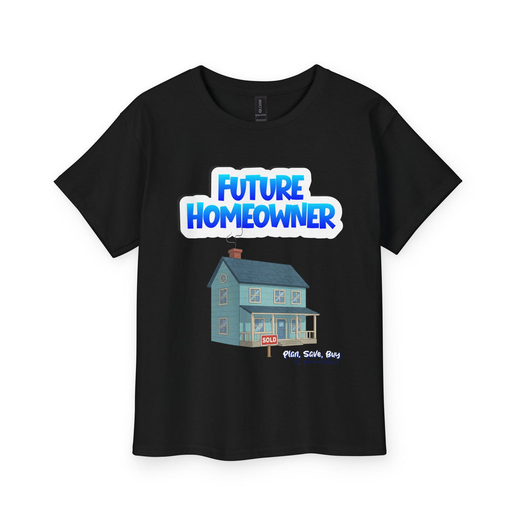 Black t-shirt with 'Future Homeowner' text and house graphic on a white background
