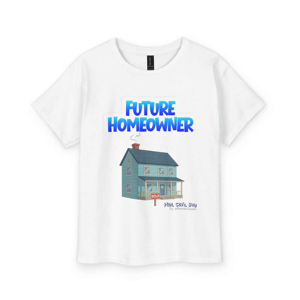 White t-shirt with a graphic of a house and 'Future Homeowner' text on a white background