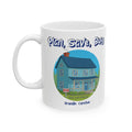 White mug with a house illustration and text on a white background