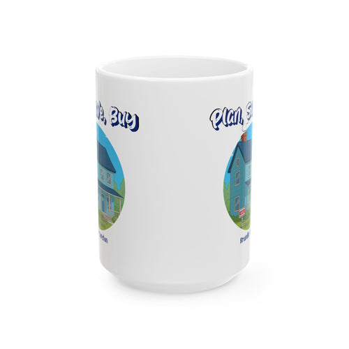 White mug with blue text and images of houses on a white background